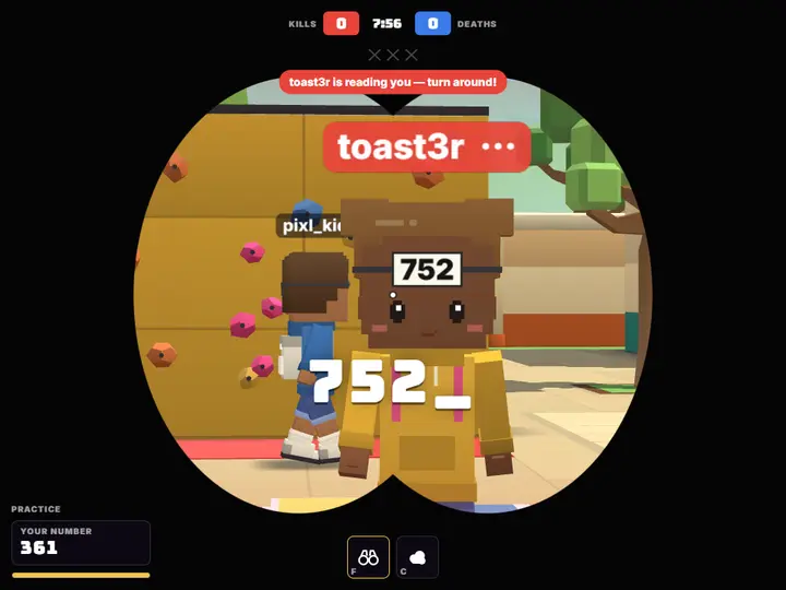 FOREHEAD seen through binoculars: a player with a number on their forehead, and the same number typed on screen.